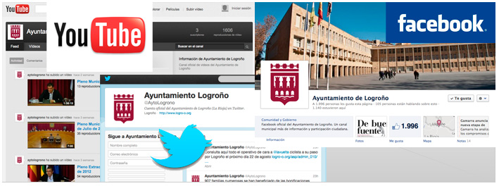 Foto con las diferentes redes sociales: Youtube, Facebook y Twitter del Ayuntamiento de Logroño