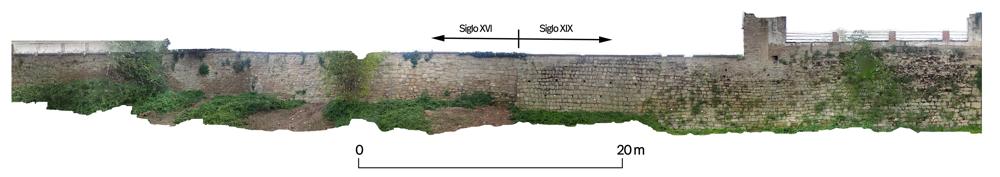 Ortoimagen y fotografía del acoplamiento de los paramentos pertenecientes al muro que sustentaba la terraza del convento de Valbuena (siglo XVI) y a la batería artillera (siglo XIX)