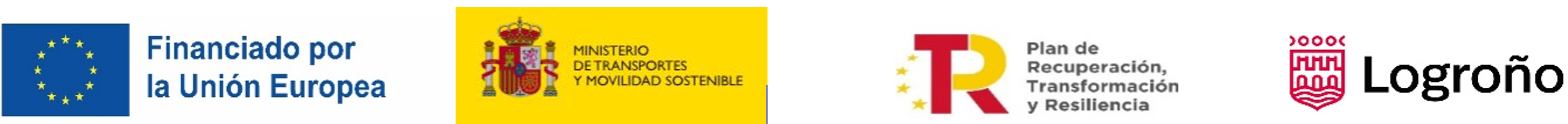 Logos de Financiado por la Unión Europea, Ministerio de Transportes y Movilidad Sostenible, Plan de Recuperación, Transformación y Resiliencia y Ayuntamiento de Logroño